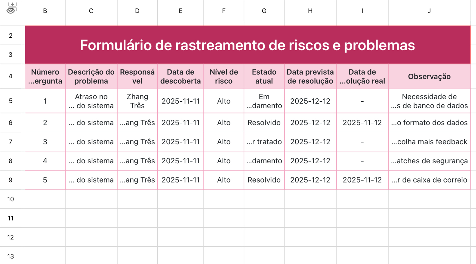 Formulário de rastreamento de riscos e problemas